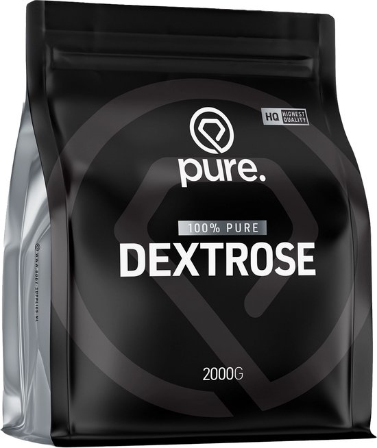 Zwarte zak met 'pure. 100% PURE DEXTROSE 2000G' logo op zwarte achtergrond.