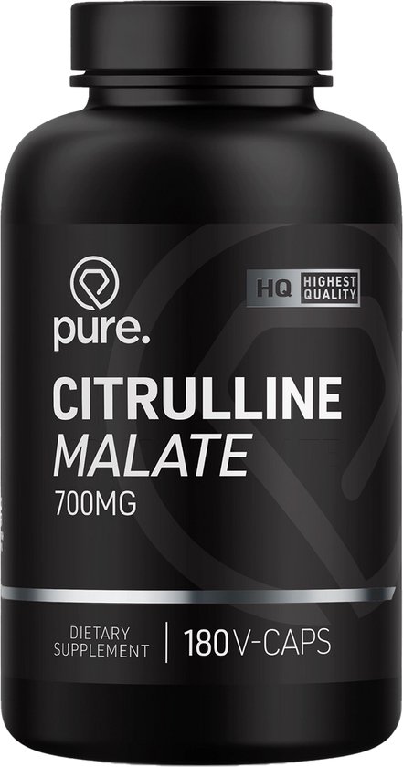 Zwarte pot met Pure. Citrulline Malate 700mg. 180 V-Caps. Supplement.