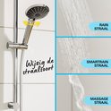 Douchekop met drie straalsoorten: Rain, SmartRain en Massage. De straalsoort kan gewijzigd worden.