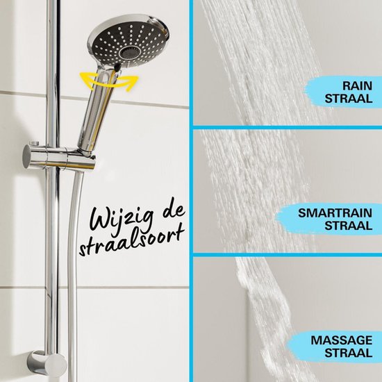 Douchekop met drie straalsoorten: Rain, SmartRain en Massage. De straalsoort kan gewijzigd worden.