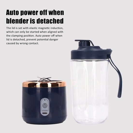 Elektrische mini-blender, 300 ml, draagbare blender, sapbeker, fles, fruitmixer, 1200 mAh, USB-oplaadbaar, met deksel, 6 messen voor het malen van het (blauw, 6 messen, deksel) van Merkloos — afbeelding 4