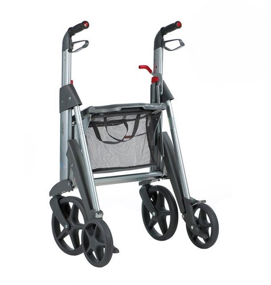 Grijze rollator met vier wielen, een zitje, een mandje en rode remhendels.
