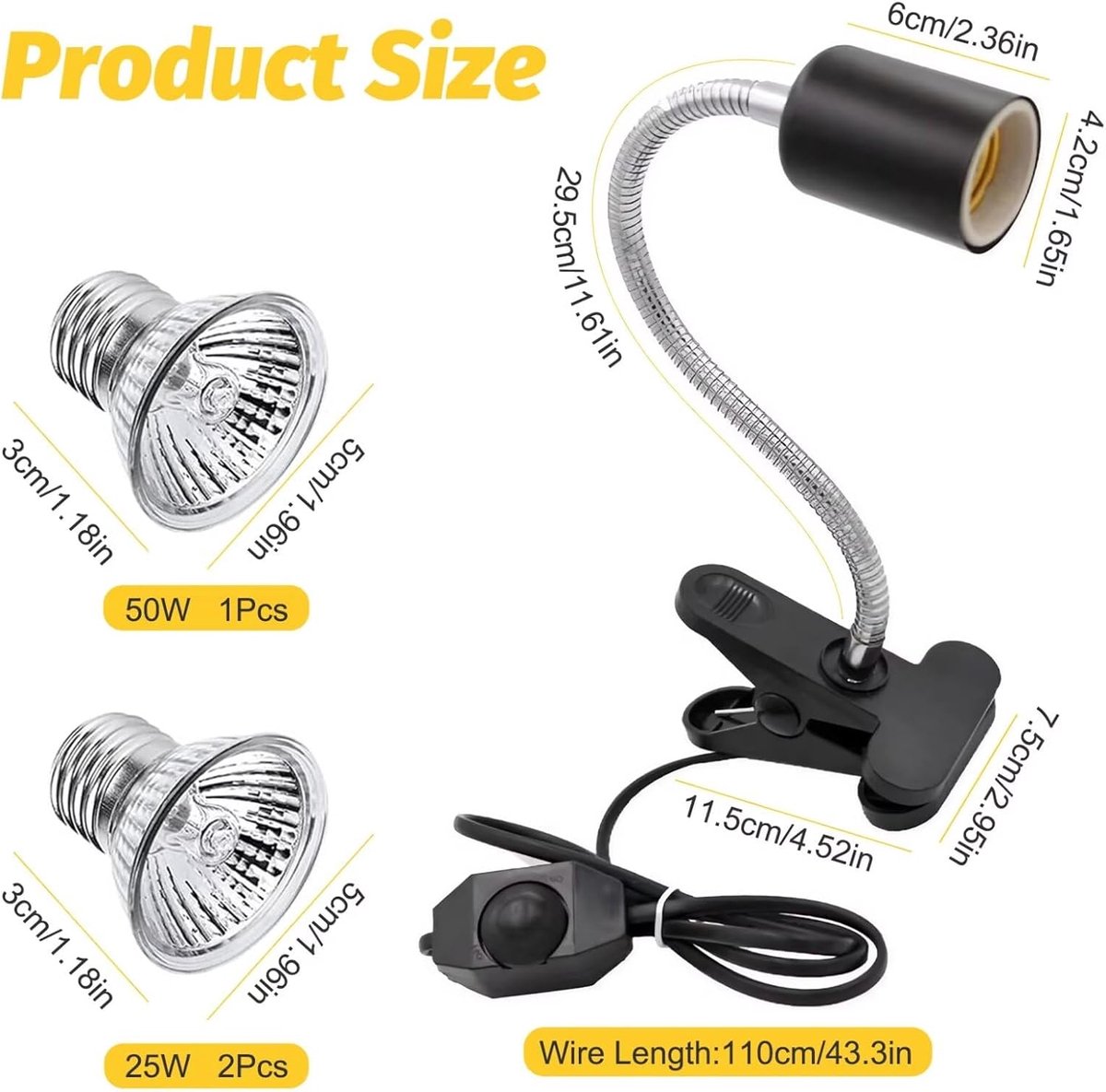 Schildpad warmtelamp voor aquarium, reptielen met 3 uv-B-gloeilampen, 25 W, 50 W, instelbare terrarium-lamp met clip, verwarmingslamp, aquariumdieren, accessoires, zwart