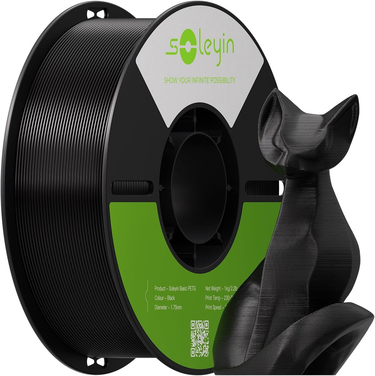 Creality Soleyin Basic PETG Filament - zwart- 3D Printer Filament - 1,75 mm - 1 kg - sterke en taaie glansafwerking - filament 3d printer - PETG is sterker en hittebestendiger - Eindproduct kan buiten in vochtige omstandigheden worden geplaatst