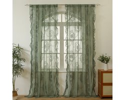 Dubbelzijdige gordijnen - Set van 2 stuks - Geschikt voor woonkamers, slaapkamers en balkons/erkers - Semi-verduisterende vitrage - Franse vitrage met kanten details in landelijke stijl - Groen
