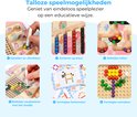 Zes afbeeldingen die de speelmogelijkheden tonen: optellen, sorteren op kleur, tellen, verplaatsen met staafje, vormen herkennen en maken.