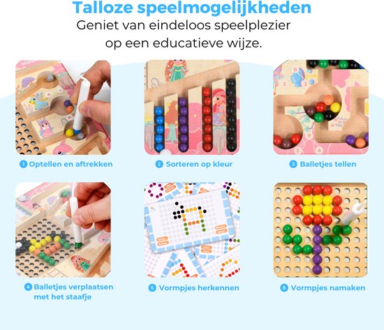 Zes afbeeldingen die de speelmogelijkheden tonen: optellen, sorteren op kleur, tellen, verplaatsen met staafje, vormen herkennen en maken.
