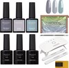 Set met MOODS Gellac nagellakken: Faded Charcoal, Silk Grey, Evergreen Fog, Primer, Top Coat en Base Coat, met UV/LED lamp, bokkepoot, nagelvijlen en tasje.