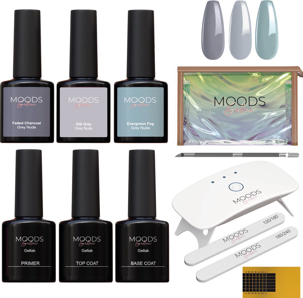 Moods Gellac BIAB Starter Pakket – Grey Nude - Builder in a Bottle – BIAB Nagellak – Inclusief UV/LED Lamp, Bokkepoot, Nagelvijl, Primer, Base en Top Coat