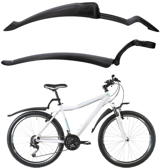 Set van zwarte Dunlop spatborden voor en achter, met een witte damesfiets.