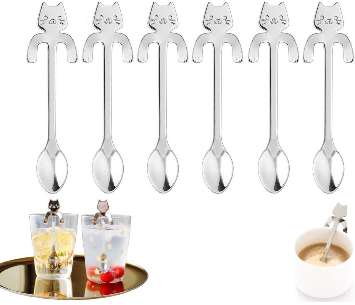 TOVBMUP Theelepels Hangende Kat - Katten Koffielepel - Geschikt voor Koffie, Melk, Thee en Dranken etc. - RVS - Zilverkleurig - 6 Stuks