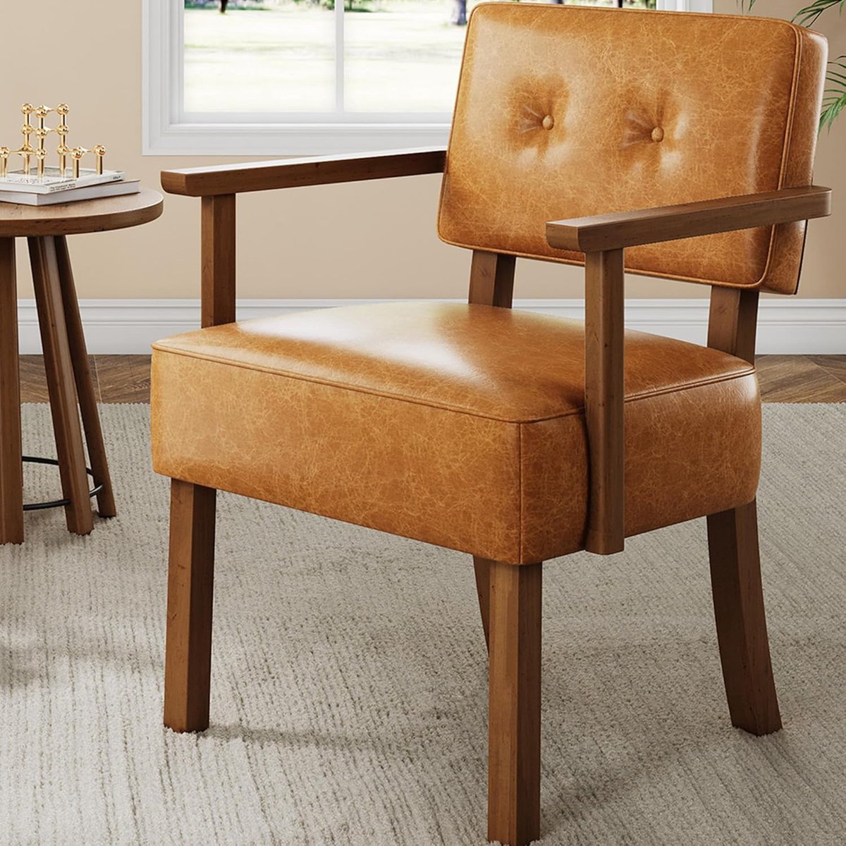 Retro Fauteuil - Mid-Century Accent Stoel - Bruin Kunstleer met Houten Frame - Luxe Relaxstoel met Knoopsdetails - Lounge Chair voor Woonkamer & Slaapkamer