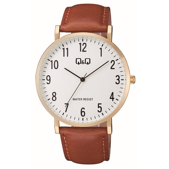 Gouden herenhorloge met witte wijzerplaat, zwarte wijzers en bruine leren band.