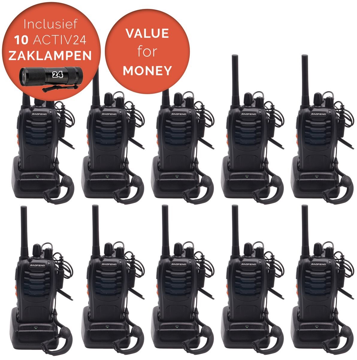Activ24™ - Walkietalkie - Set van 10x Baofeng BF-88E PMR portofoons met headsets en 10x Activ24™ zaklampen - Vergunningsvrij - Walkie Talkie - BF88E portofoon - Portofoonset