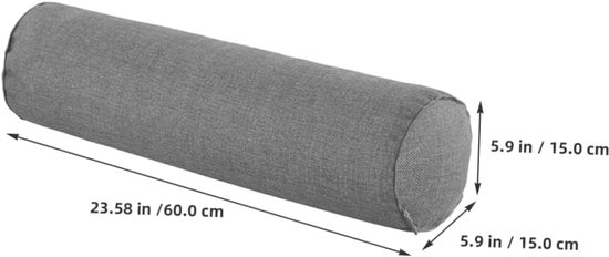 Grijs, cilindervormig rolkussen met afmetingen 60 x 15 cm.