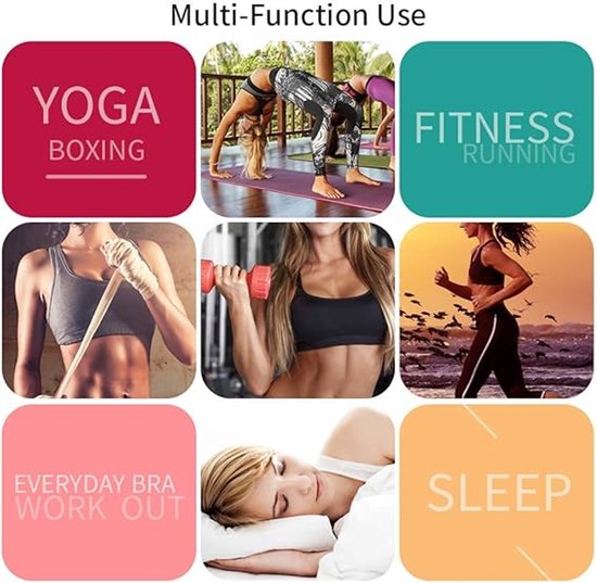 Collage van afbeeldingen die sportbeha's tonen voor yoga, boksen, fitness, hardlopen en slapen.