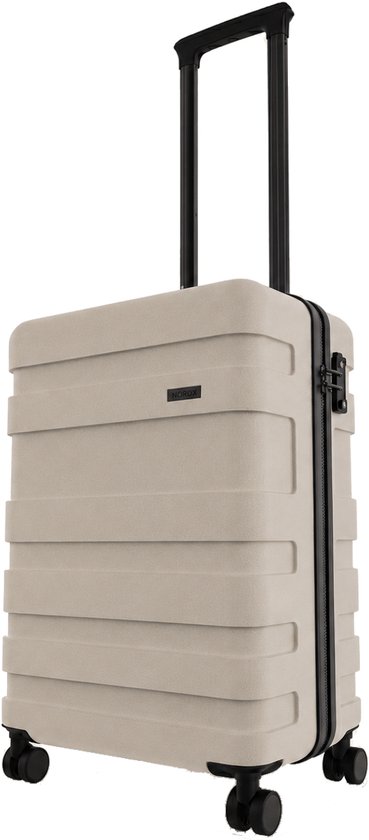 Beige handbagage koffer met horizontale ribbels, zwarte wielen en handvat.