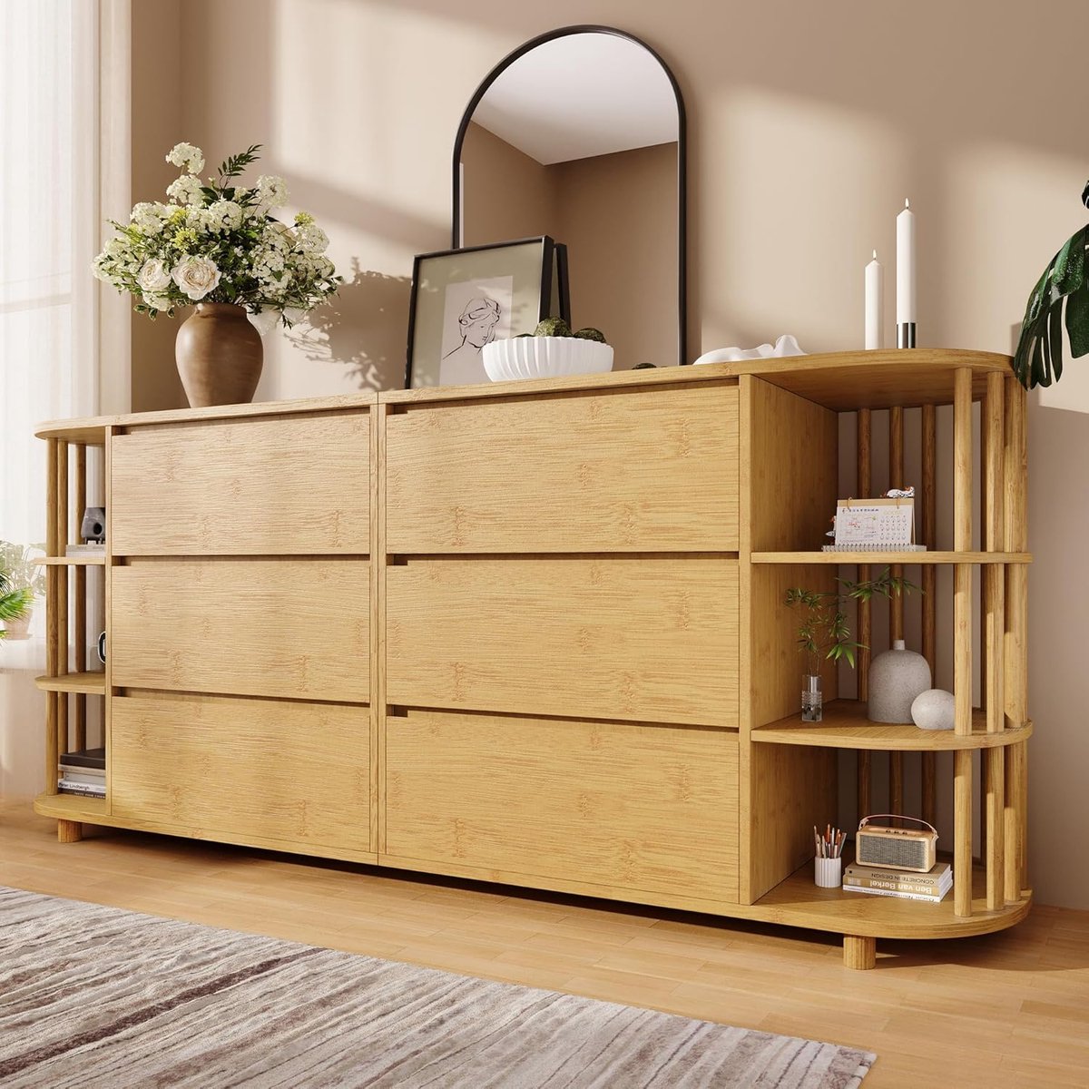 Roma Elegance Dressoir met 6 Lades en Open Bamboe Planken 160 x 40 x 75 cm – Modern Eikenhouten Sideboard voor Woonkamer, Slaapkamer en Hal met Kolommen Design