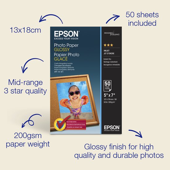 Epson glanzend fotopapier, 13x18cm, 50 vellen, 200 gsm.