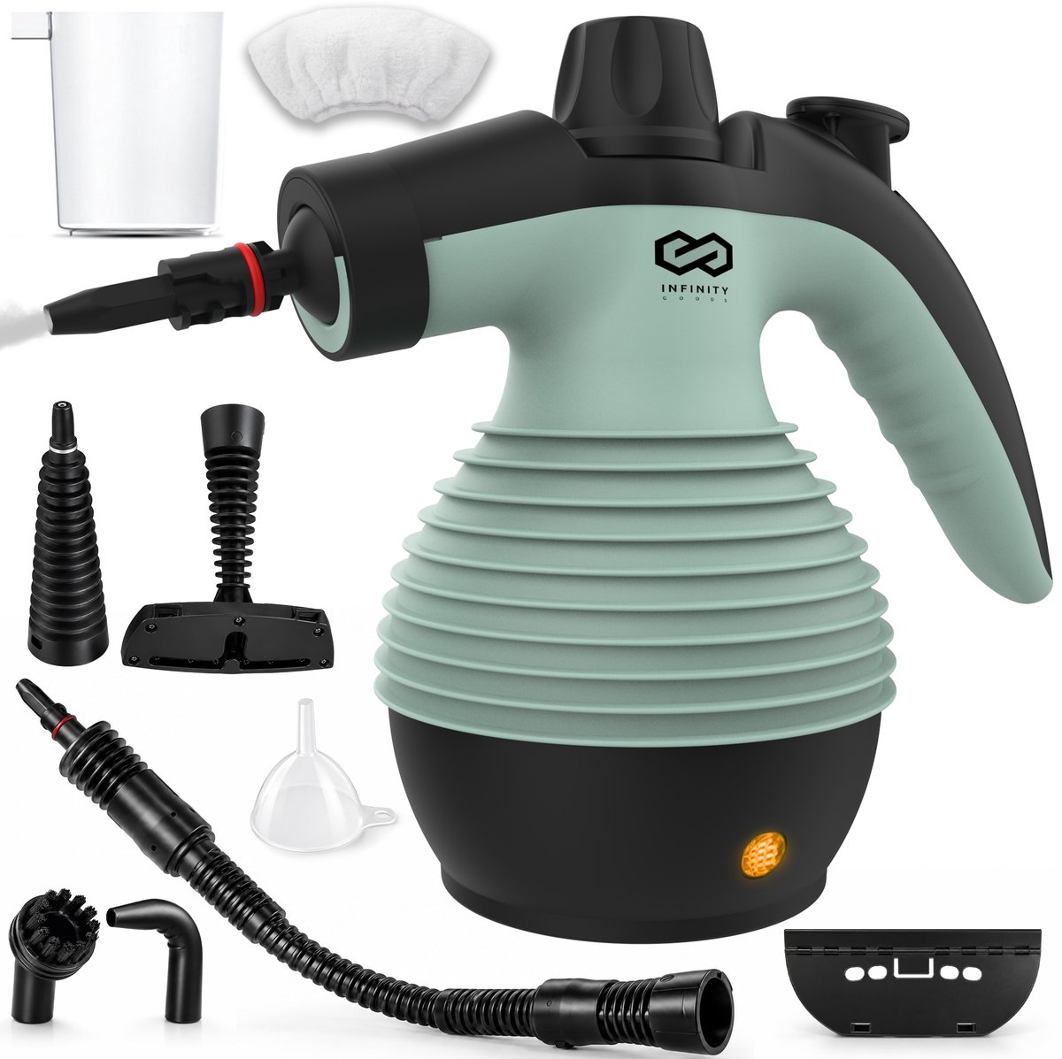Infinity Goods Stoomreiniger - 12-in-1 Handstoomreiniger - Handstomer - Vlekkenreiniger - Tapijtreiniger - 10 Opzetstukken - 1050 Watt - 3.2 Bar - Groen