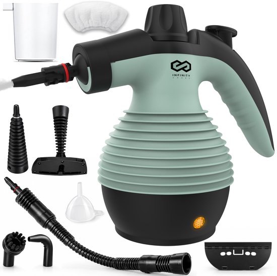 Nettoyeur vapeur Infinity Goods - Nettoyeur vapeur à main 12-en-1 - Nettoyeur vapeur à main - Détachant - Nettoyeur de tapis - 10 accessoires - 1050 watts - 3,2 bars - Vert
