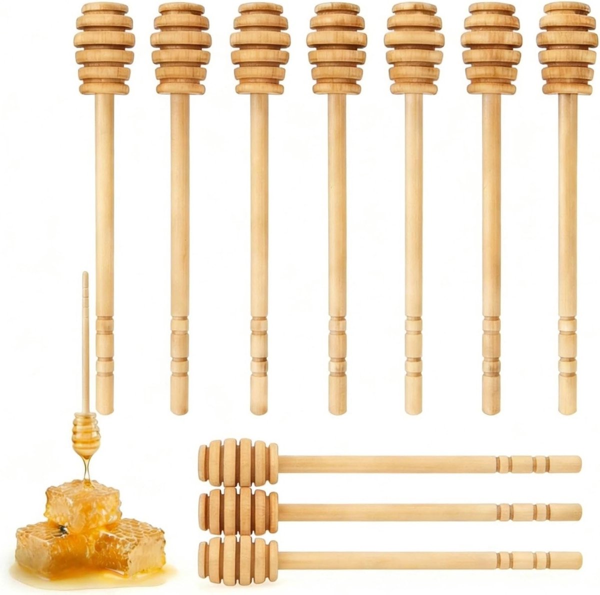 Set van 10 houten honinglepels met geribbelde design, ideaal voor honing, bakken en desserts