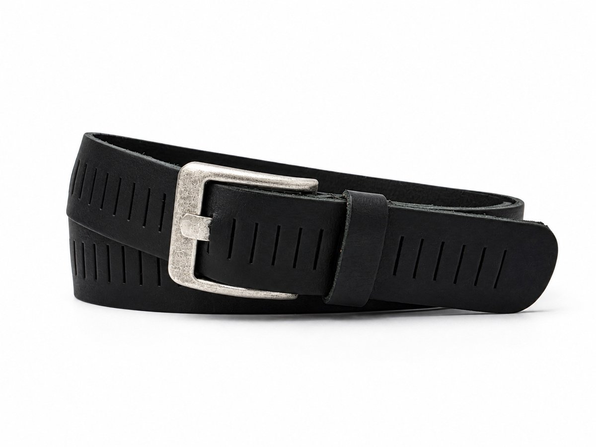 Zwarte Leren Riem Dames & Heren met Fijne Gleufjes – 4 cm Breed – Stoere Jeansriem van Echt Buffelleer- Maat 95 (totale lengte 110) Broekriem