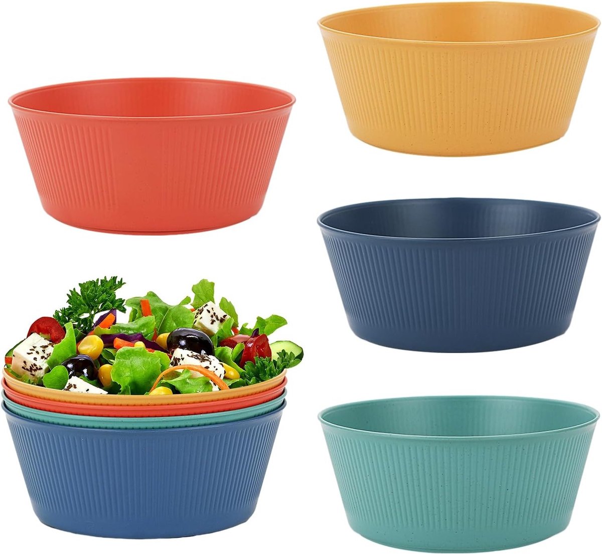 Set van 4 Kleurige Plastic Schalen voor Salades en Soepen, Vaatwasser- en Magnetronbestendig, Schokbestendig en Ideaal voor Kinderen en Volwassenen