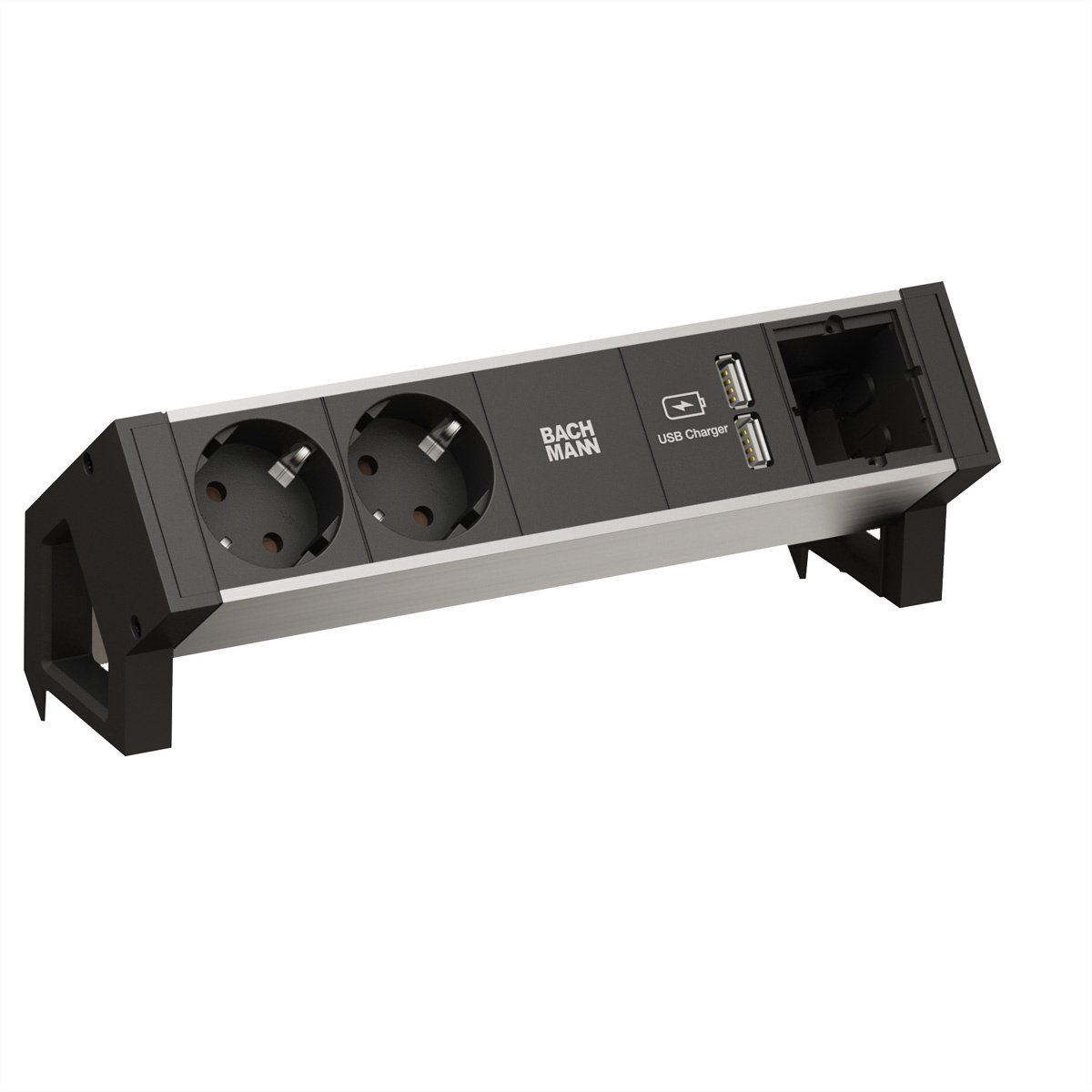 BACHMANN DESK2 ALU ZWART 2x geaard stopcontact, 1x USB oplader en 1x ABD GST18