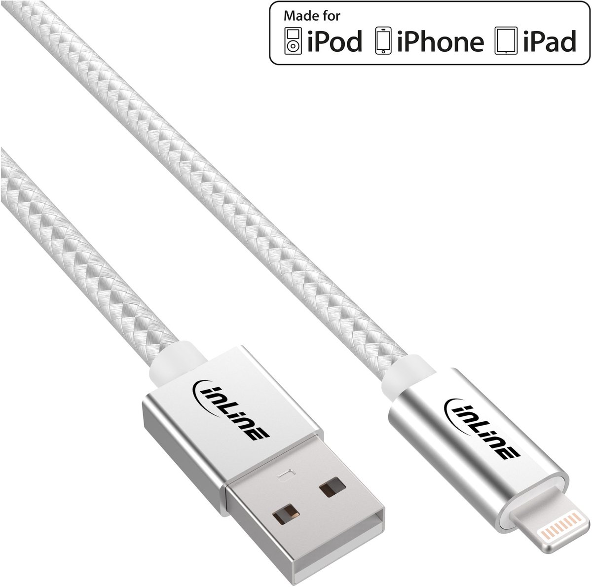 InLine® Lightning USB-kabel, voor iPad,iPhone,zilver/alum. 2m MFi-gecertificeerd