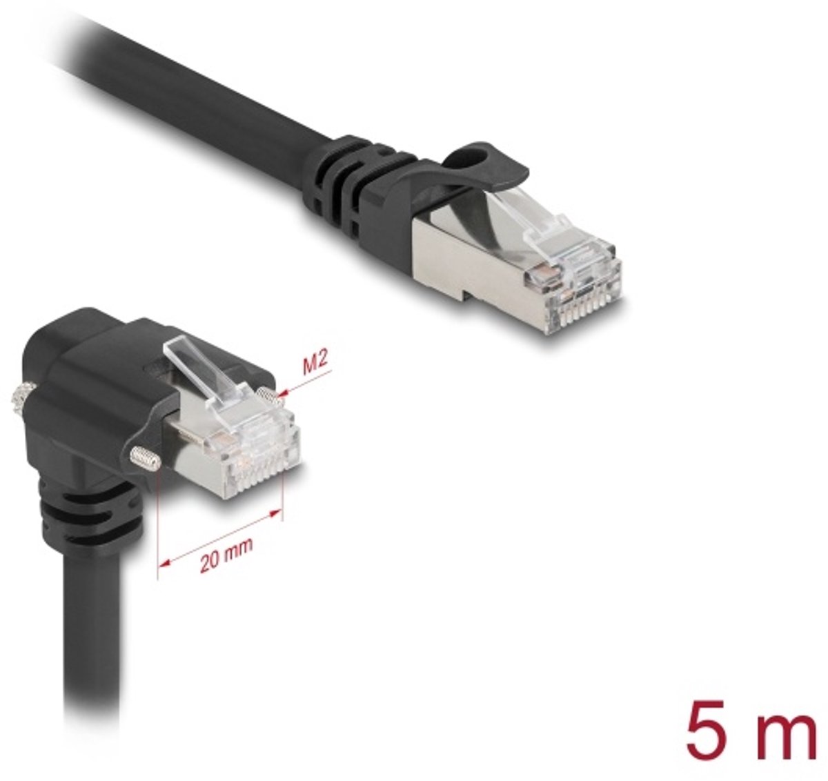 Image of Delock GigE Kamera Cable RJ45 plug 90° angled with screws to RJ45 plug Cat.6 S/FTP 5 m black