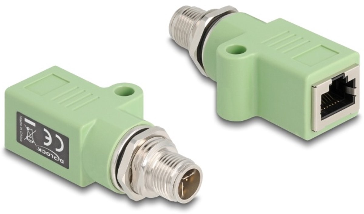 Delock M12 Adapter X-coded 8 pin male to RJ45 jack Cat.5e with mounting hole straight green