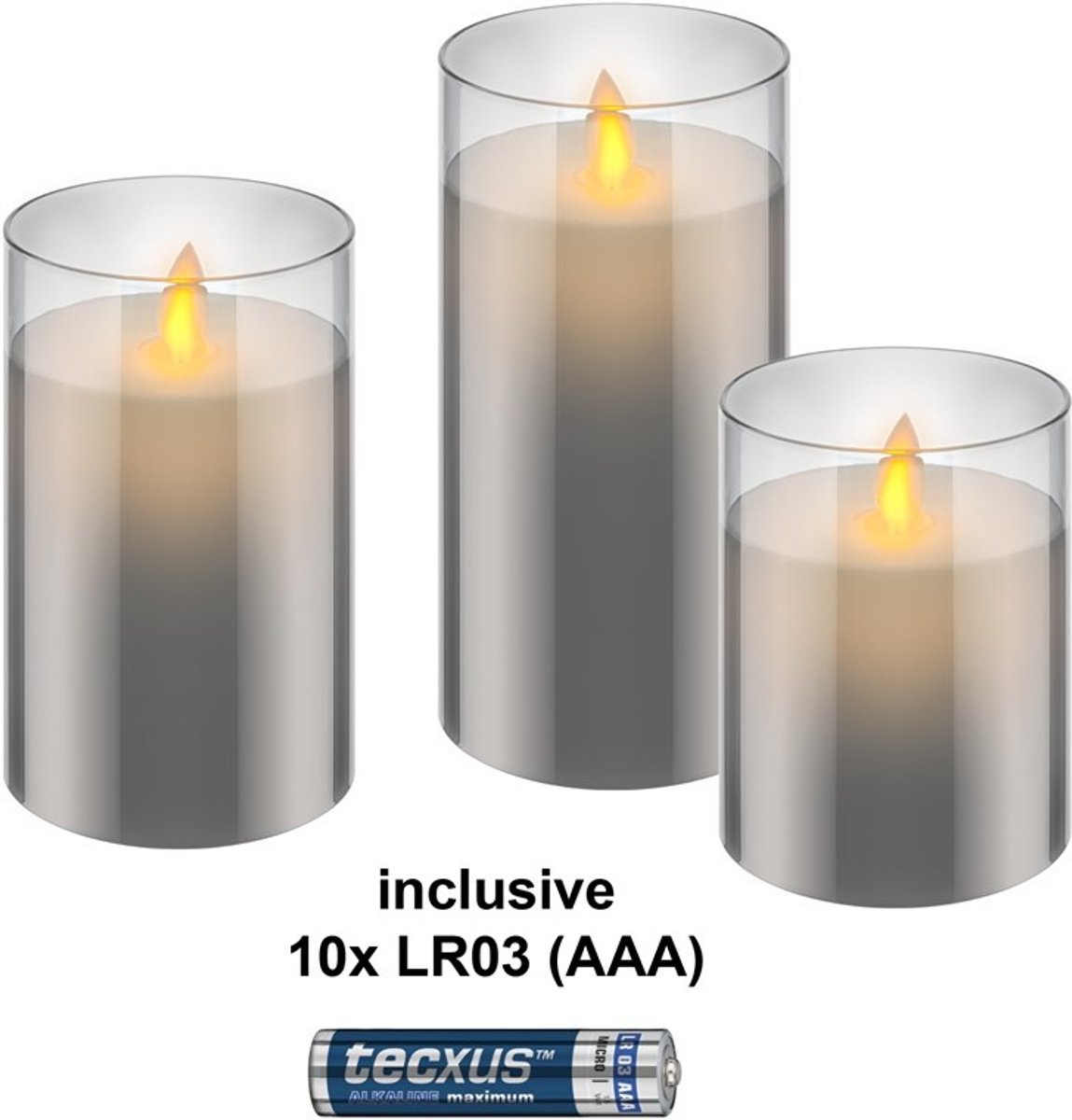 Goobay Set of 3 LED Real Wax Candles in Glass, Grey-Transparent, incl. 10x AAA (LR03)