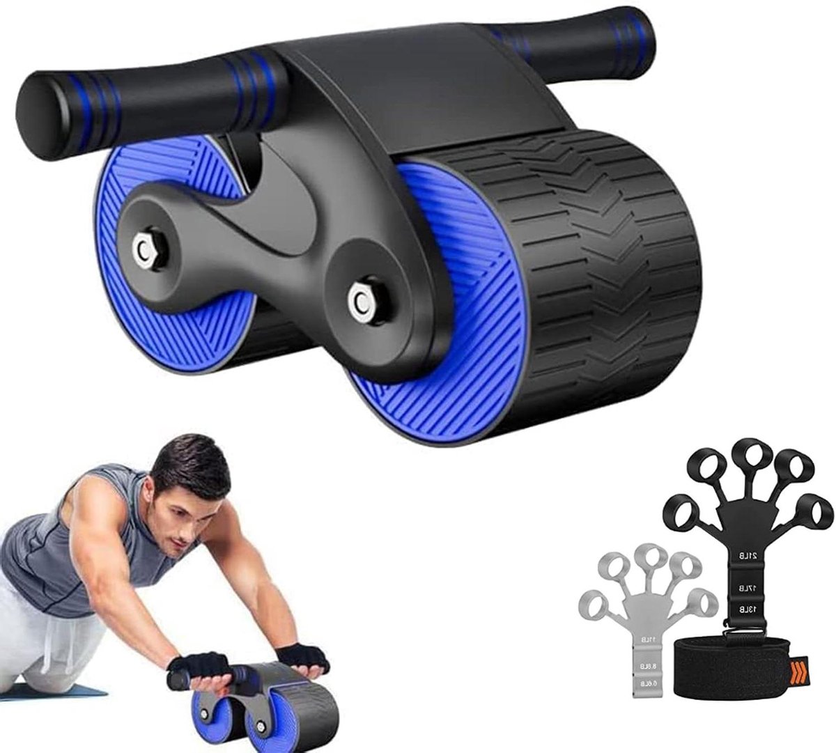 Buikroller Handtrainer - Abdominal Wheel - Krachtige Core Training - Automatische Rebound Stabiliteit - Inclusief Kniebeschermer - Blauw