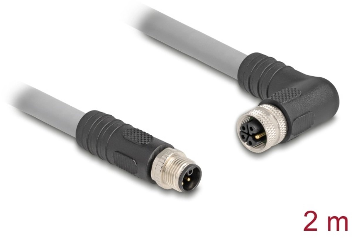 Delock M12 Cable L-coded 5 pin male straight to female right angled PUR suitable for drag chains 2 m grey