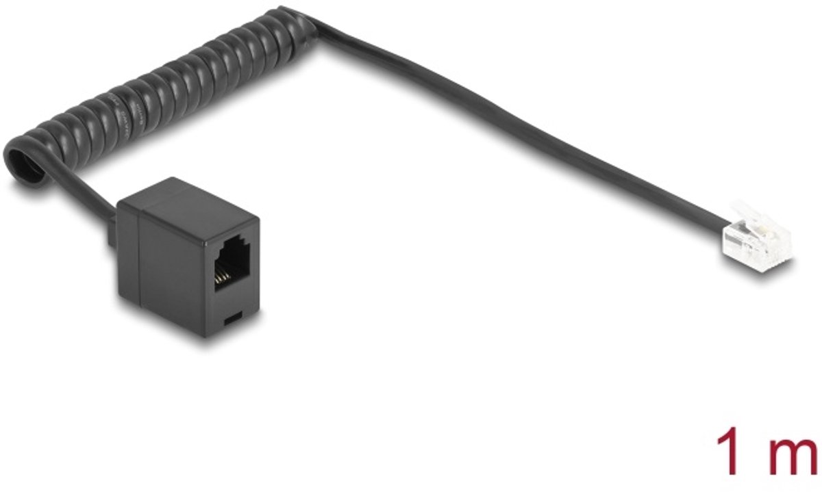 Delock Telephone Cable / Coiled Cable RJ11 plug to RJ11 jack black 1 m