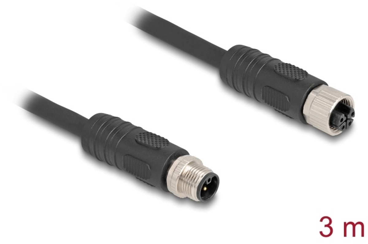Delock M12 Cable L-coded 4 pin male to female PUR suitable for drag chains 3 m black