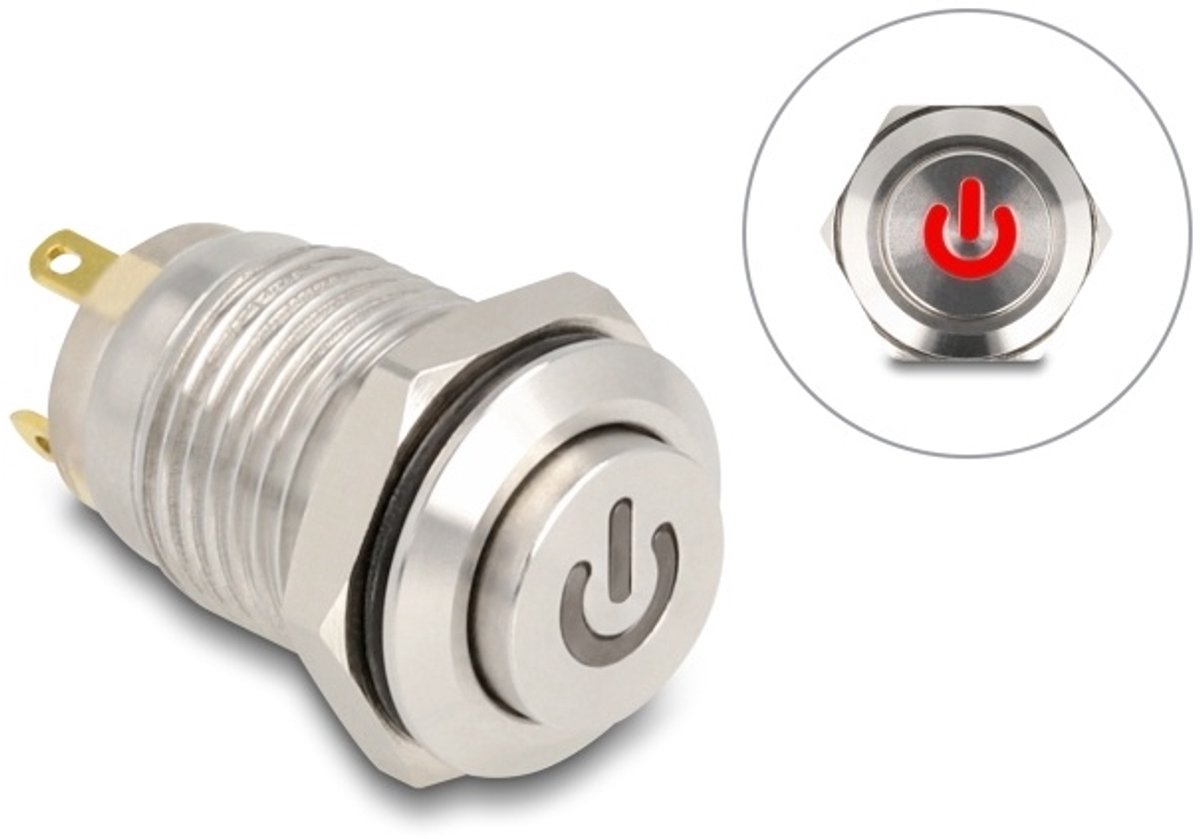 Delock Push Button for Installation 12 mm 4 x solder connection LED red power symbol