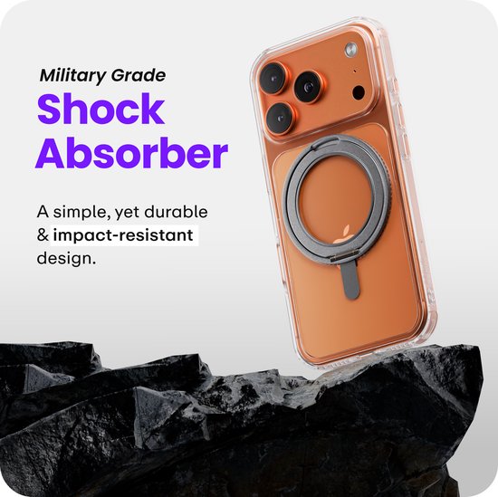 Coque iPhone orange avec anneau MagSafe, 'Military Grade Shock Absorber', sur des rochers.