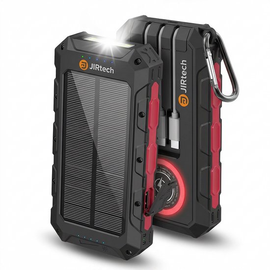 JIRTech® - Solar Powerbank 30 000 mAh - Ingebouwde kabels - Iphone & Samsung - Solar Charger - Powerbank Zonneenergie - Draadloos opladen - Wireless charger - Snellaadfunctie - Snel Laden - 6x USB - Usb C - Noodpakket - Zaklamp - Meerdere Apparaten