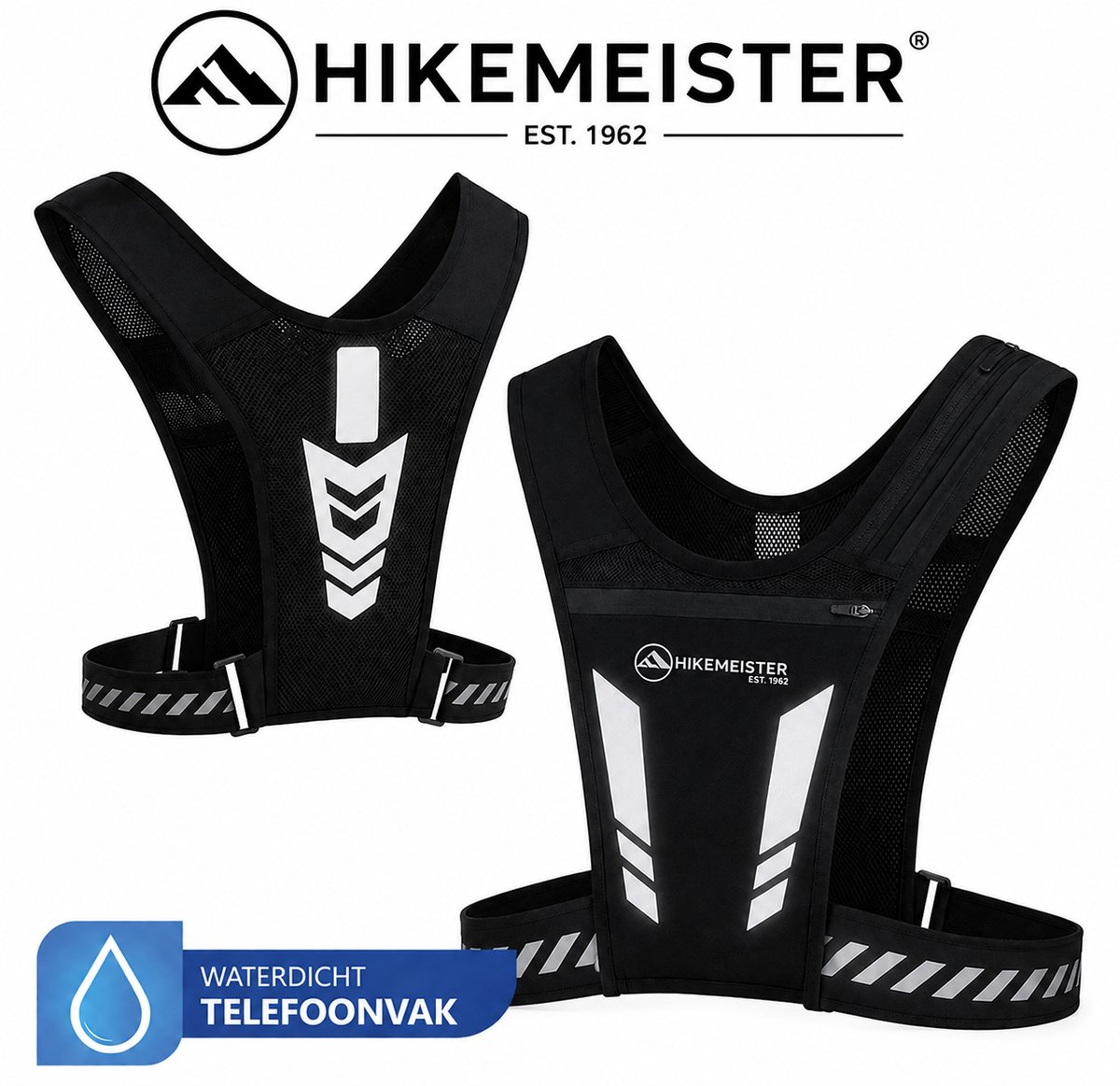 Hikemeister® Reflecterend Hardloopvest met Drinkhouder & Waterdichte Telefoonhouder – Verstelbaar Hardloopvest – Telefoonhouder – One Size – Unisex – Zwart – Running Vest – Hardloop Rugzak– Hardloopvest Drinkhouder- hardloopvest-