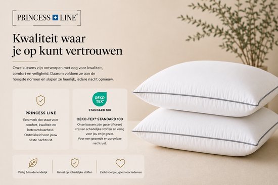 Twee witte Princess Line hoofdkussens met grijze bies op een lichte, natuurlijke achtergrond.
