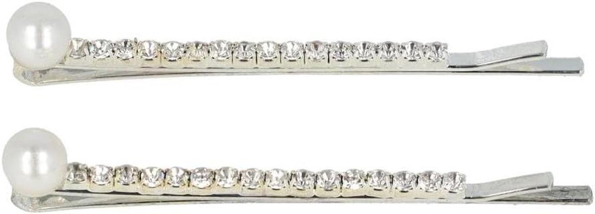 Haarspeld Schuifspeldjes - Rechte Speldjes - Haar Opsteken - Strass en Parel - 6 cm - Zilver
