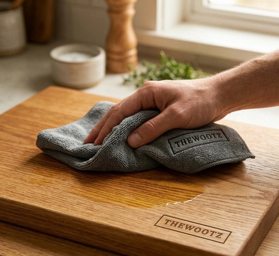 Een hand veegt een grijze microvezeldoek met 'THEWOOTZ' gravure over een natte, houten snijplank.
