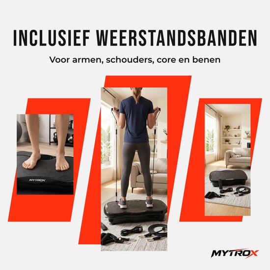 Vrouw gebruikt Mytrox trilplaat met weerstandsbanden, thuis.