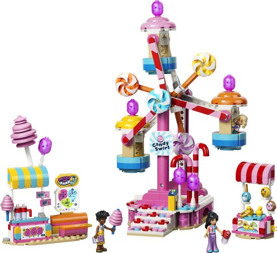 LEGO Friends snoep reuzenrad speelset met kraampjes, poppetjes, een roze reuzenrad en gestreepte tenten.