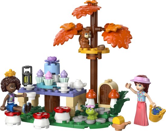 LEGO Friends bosfeest speelset met tafel, cupcakes, boom, eekhoorn, kikker en 2 meisjes.
