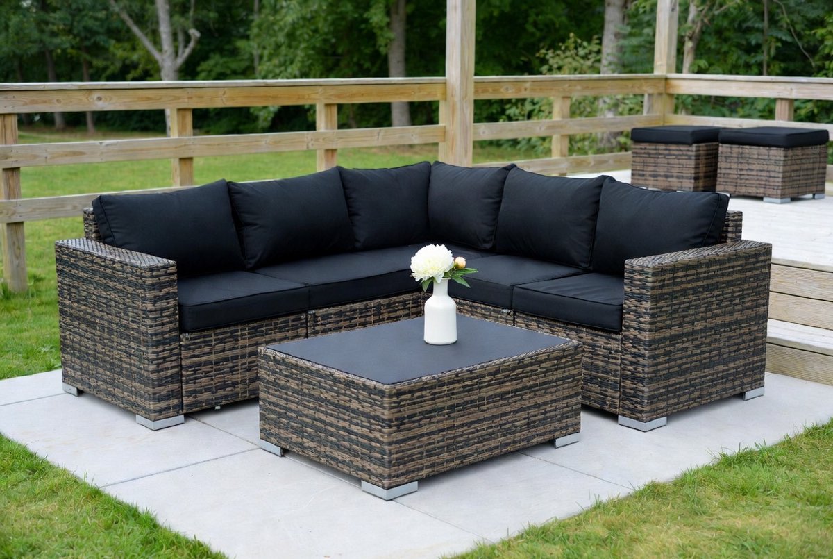 5-delige Polyrotan Tuinmeubelset Loungeset voor Tuin, Terras en Balkon – Weerbestendige Outdoor Meubelen met Kussens – Grijs Industrohome Luxe