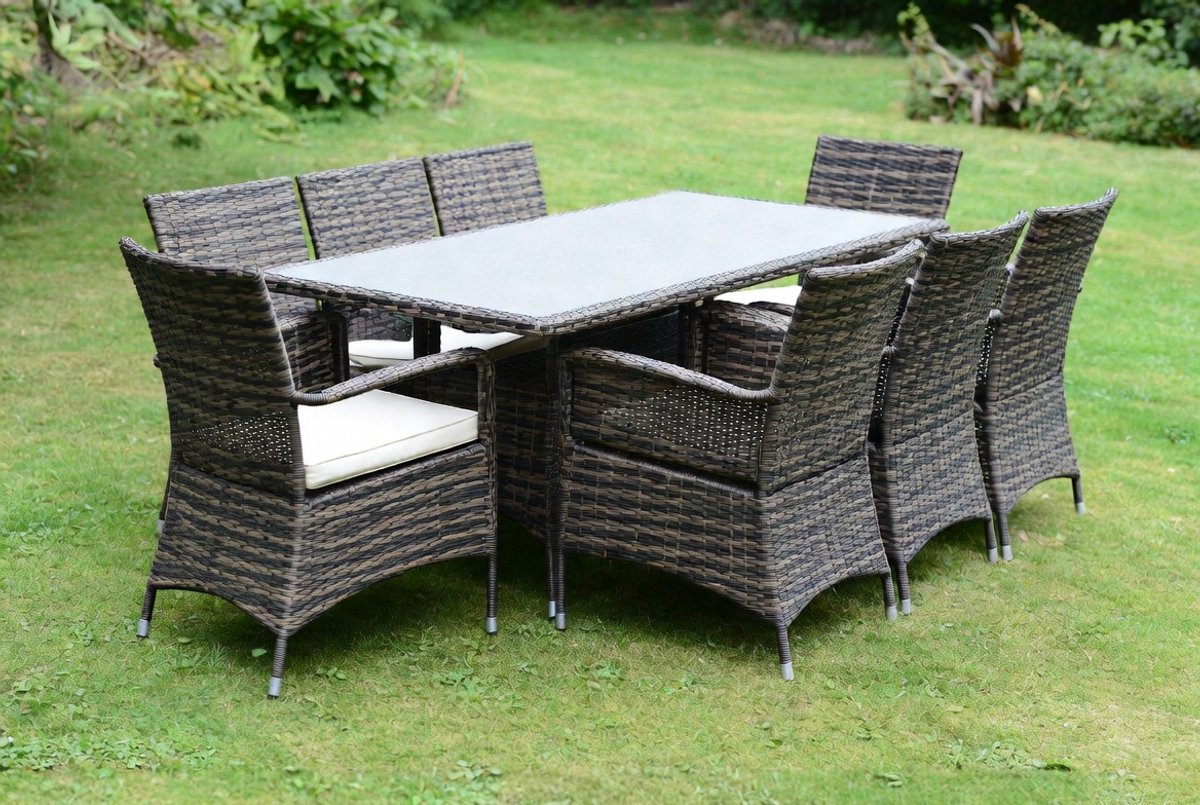 Luxe Polyrattan Tuinset voor 6 Personen – Moderne Tuinmeubelset met 150x90 cm Tuintafel, 6 Stapelbare Tuinstoelen, 7 cm Dikke Kussens, Veiligheidsglas & Weerbestendige Loungeset – ZwartIndustroHome