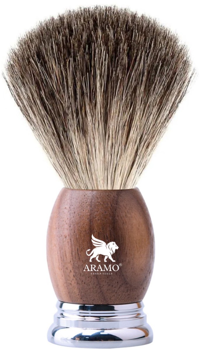 ARAMO® Essentials - Handgemaakte Scheerkwast van 100% Natuurlijke Haren met Handvat van Walnoothout en Aluminiumlegering Voet.